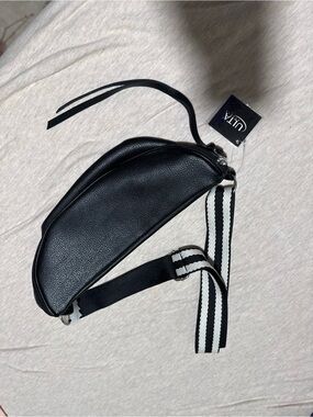 Ulta beauty Black Leather Crossbody Belt Bag with Striped Strap